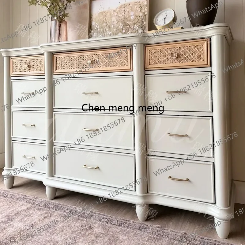 01A French color matching rattan solid wood bucket cabinet American pastoral locker retro storage locker