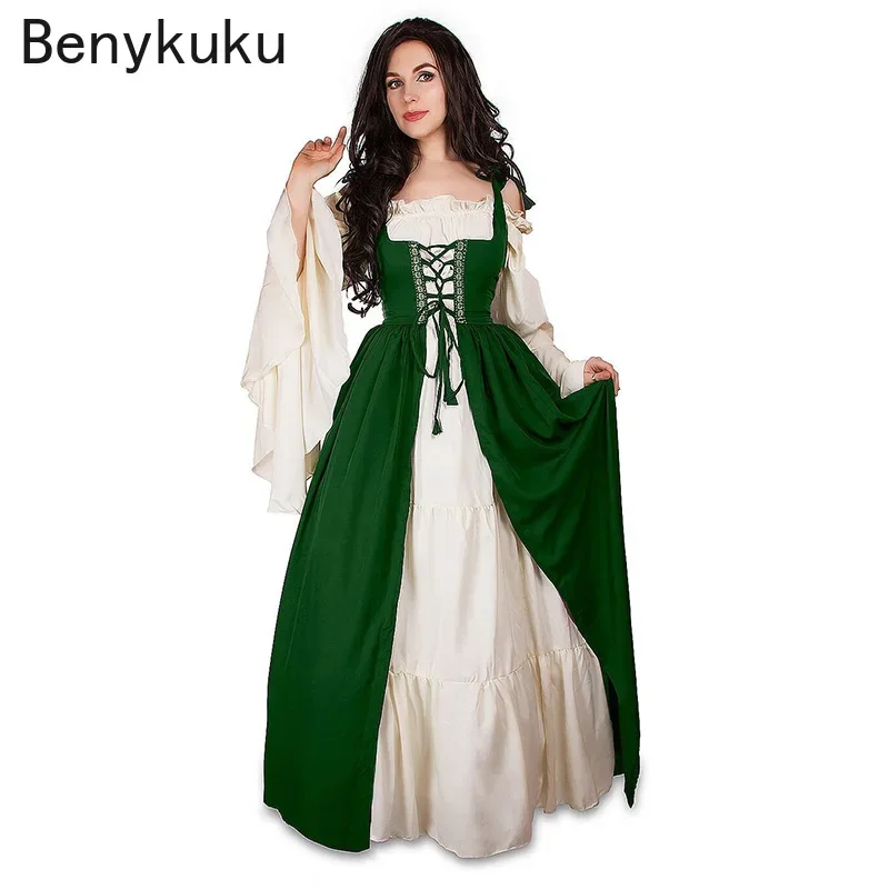 

Two-Piece Set Square Collar Bundle Corset Medieval Renaissance Vintage Dress Women Elegant Evening Long Gown Woman Clothes