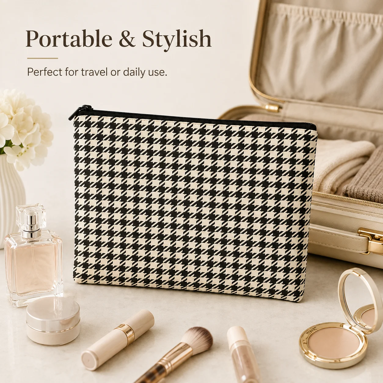 Houndstooth Canvas Makeup Bag for Women Black White Cosmetic Pouch with Zipper Travel Toiletry Organizer Beauty Storage Bag