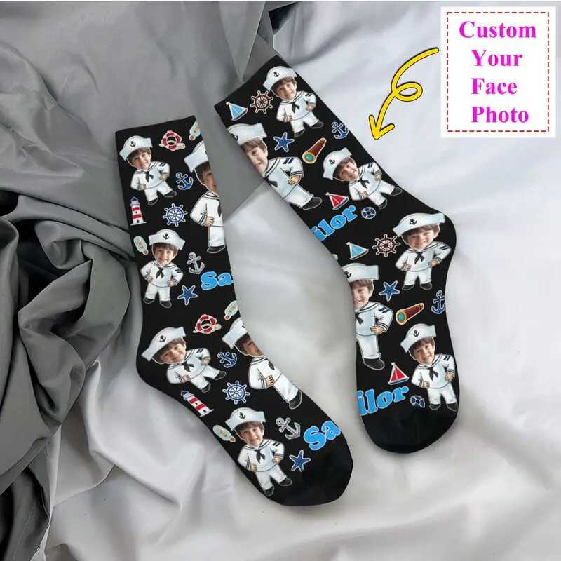 

Funny Sailor Nautical Captain Custom Dress Socks for Men Women Warm Fashion Novelty Personalized Face Photo Design Crew Socks