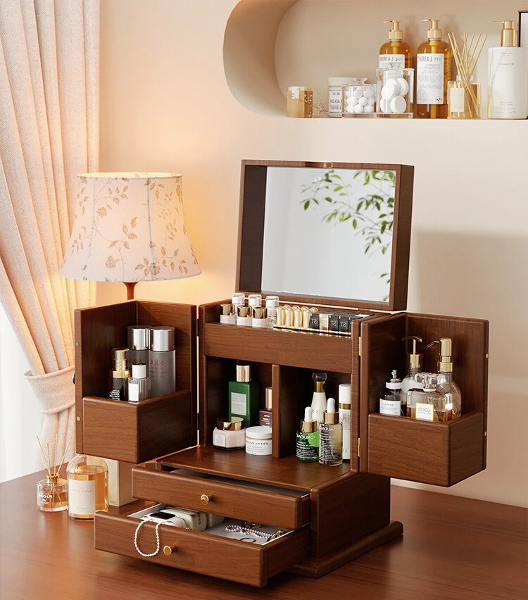 

Solid wood cosmetics storage box desktop dustproof large-capacity skin care jewelry lipstick storage rack