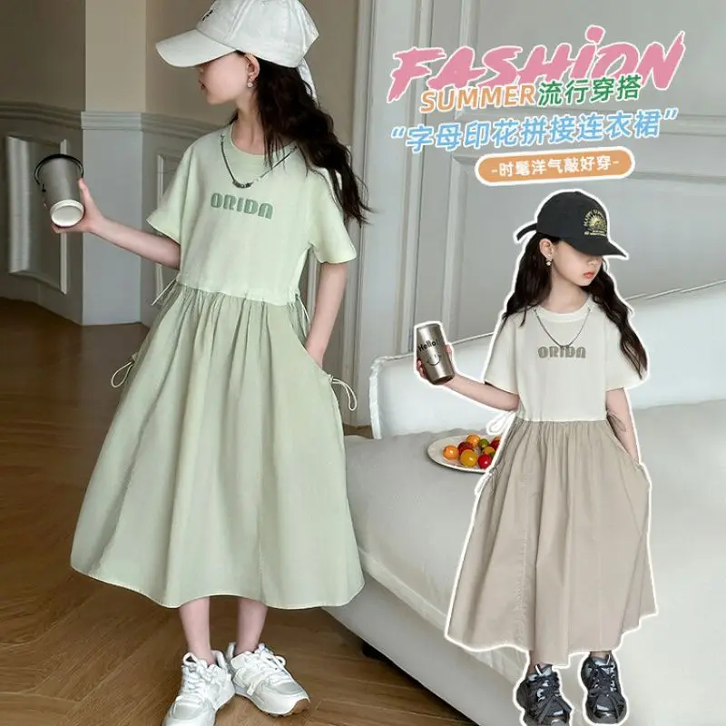 

Новое летнее модное платье для девочек, вязаное платье для отдыха с буквенным принтом и круглым вырезом для девочек от 4 до 14 лет