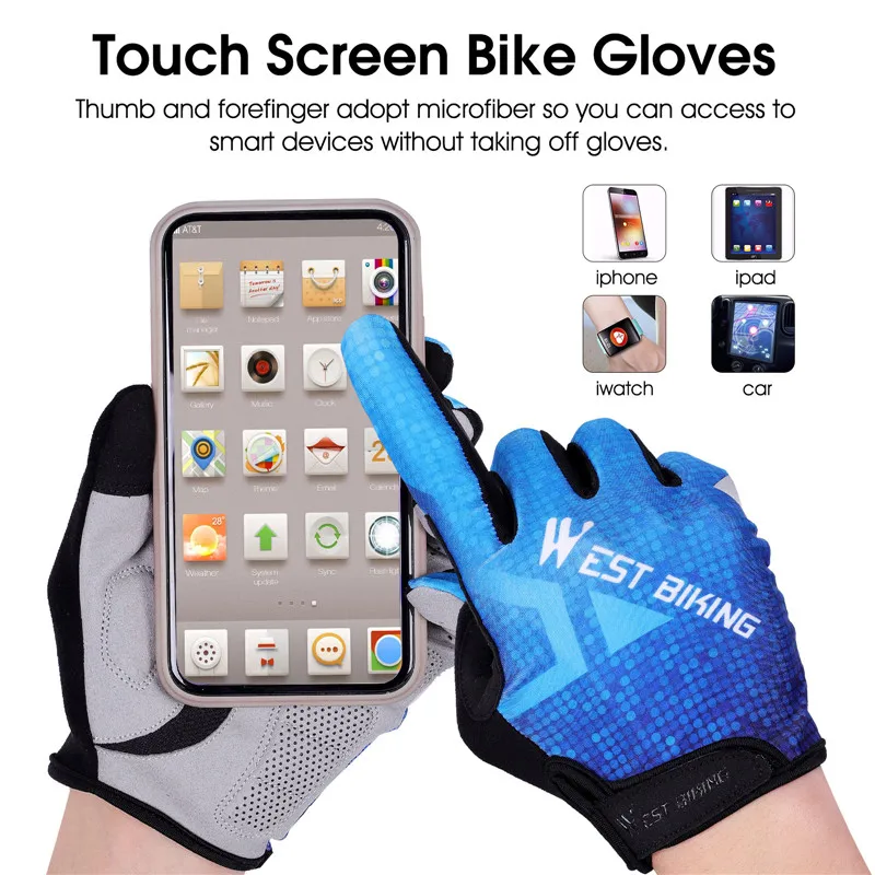 WEST BIKING Cycling Anti-slip Elastic Gloves Full Finger Breathable Touch Screen Motorcycle Bicycle Mtb Reflective Bike Gloves