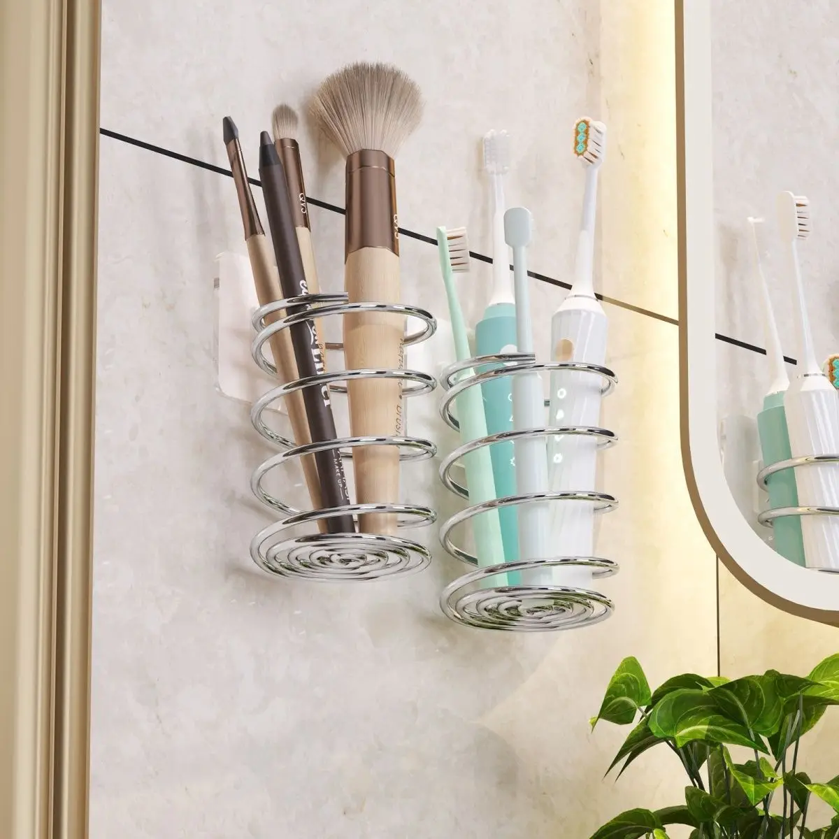 Stainless Steel Spiral Toothbrush & Makeup Brush Holder, 2-in-1 Bathroom Organizer for Vanity Countertop