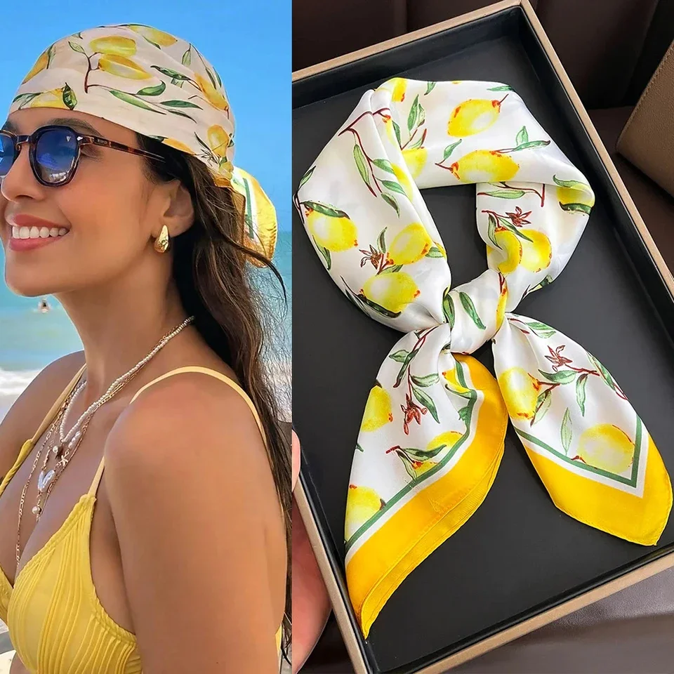 

Luxury Lemon Pattern Scarf New Spring Summer Emulation Satin Scarf Fresh and Versatile Clothing Bag and Shawl Headscarf