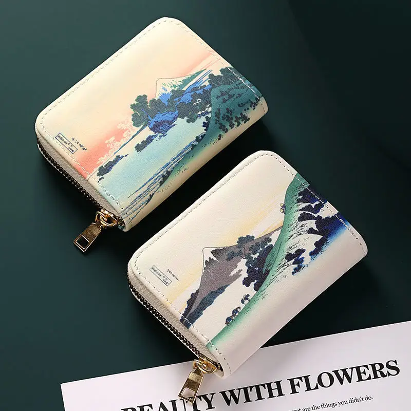 

High Quality Leather Card Bag Small Purse Japan Ukiyo-e Art Pattern Women's Wallet Men Large Capacity Card Holder Zip Coin Purse