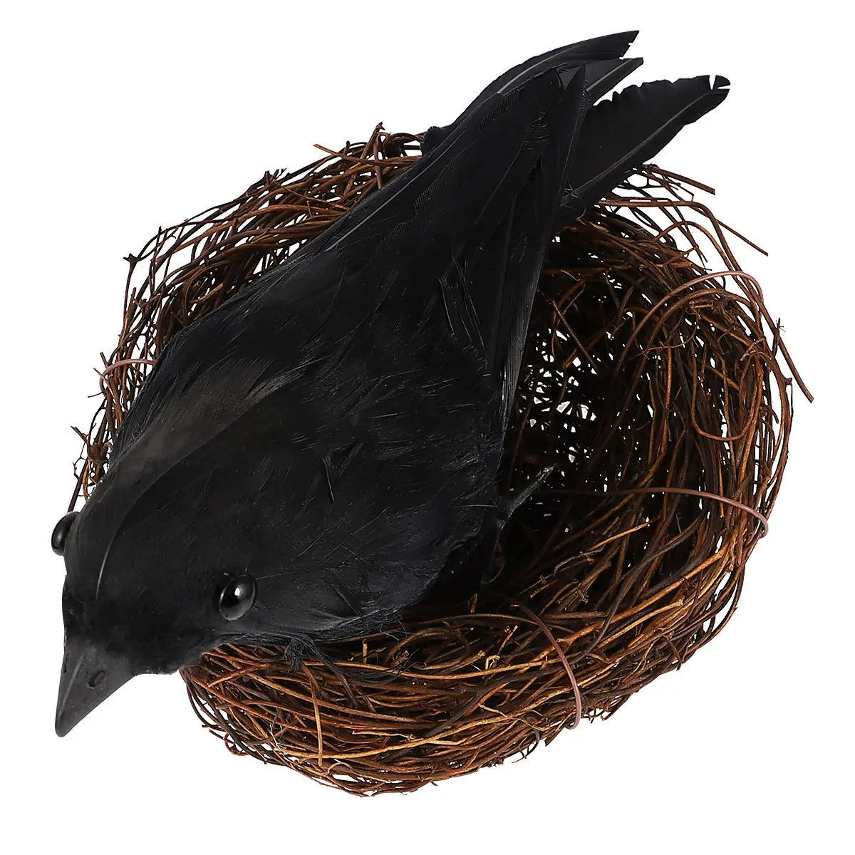 2Pcs Realistic Artificial Crow with Nest Black Feathered Halloween Decoration for Indoor Window Sill Table Lawn Garden Fall