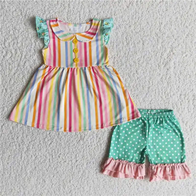 

2022 Daily Wearing RTS Summer Girls Clothing Sets Color Stripes Sleeve Top Boutique Outfit Baby Green Ruffle Shorts Sets Fashion