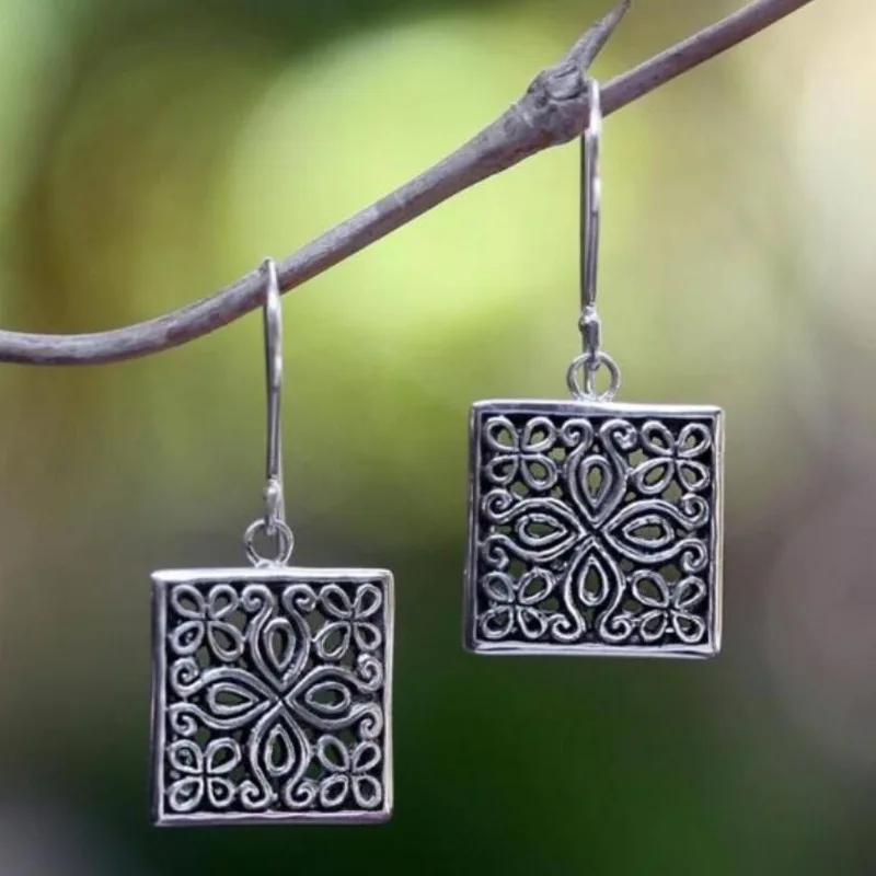 Ethnic Silver Color Square Earrings Vintage Metal Carving Pattern Hollow Dangle Earrings for Women Jewelry