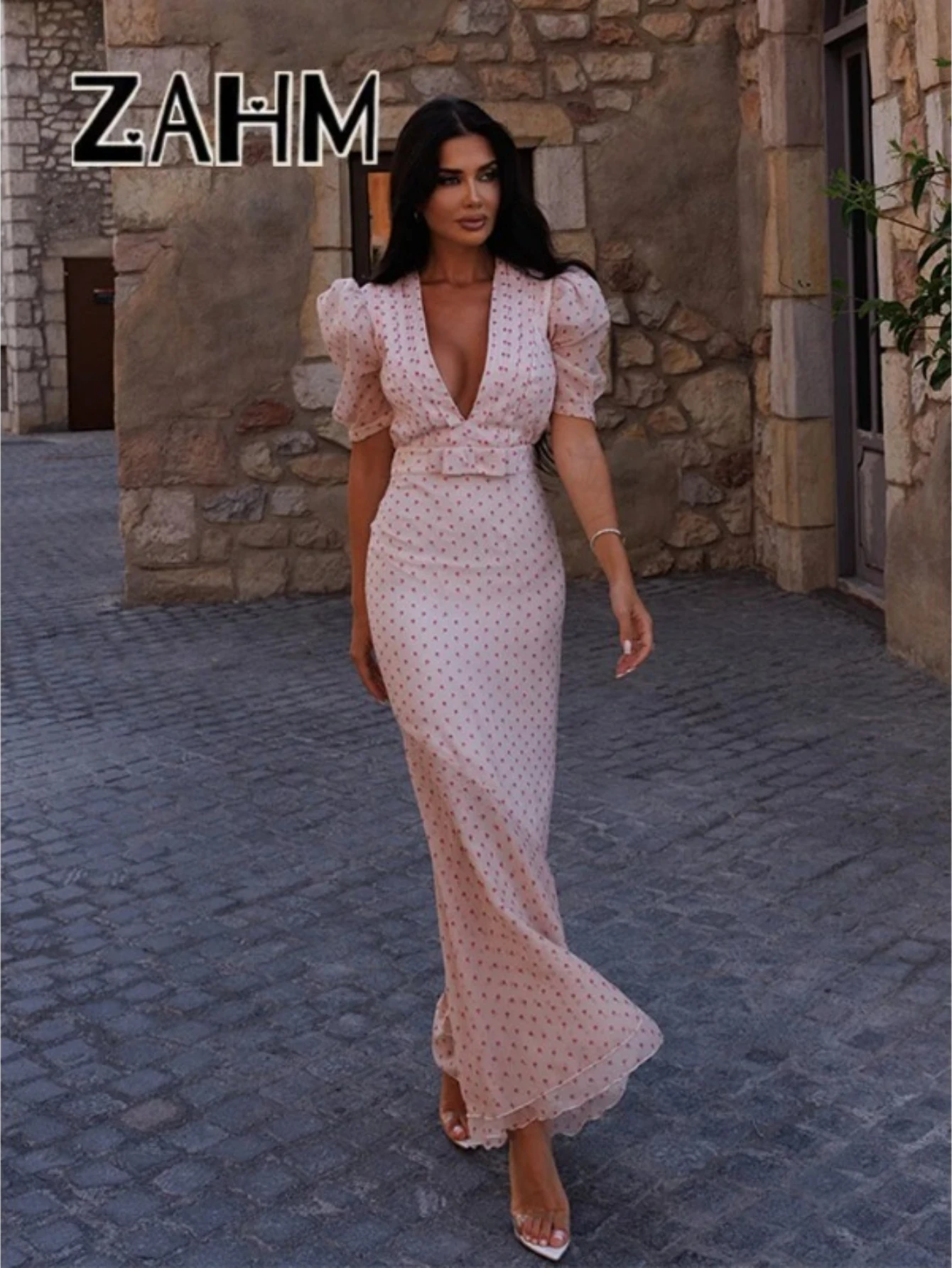 

Европейское и американское сексуальное элегантное платье с принтом и глубоким V-образным вырезом, с декоративными вставками на талии и силуэтом «рыбий хвост».