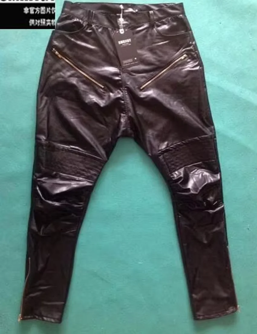 New Justin Bieber Same Style Men\'s Fashion Skinny Slim Zippers Pencil Pants Black Harem Pants Singer Stage Leather Trousers