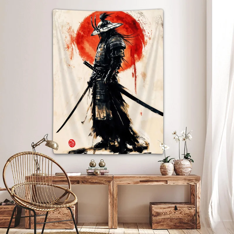 VIKAMA Japanese Samurai Ink Painting Tapestry Red Sun Sumi-e Manga Poster Wall Hanging Bedroom Dorm Otaku Wall Decor