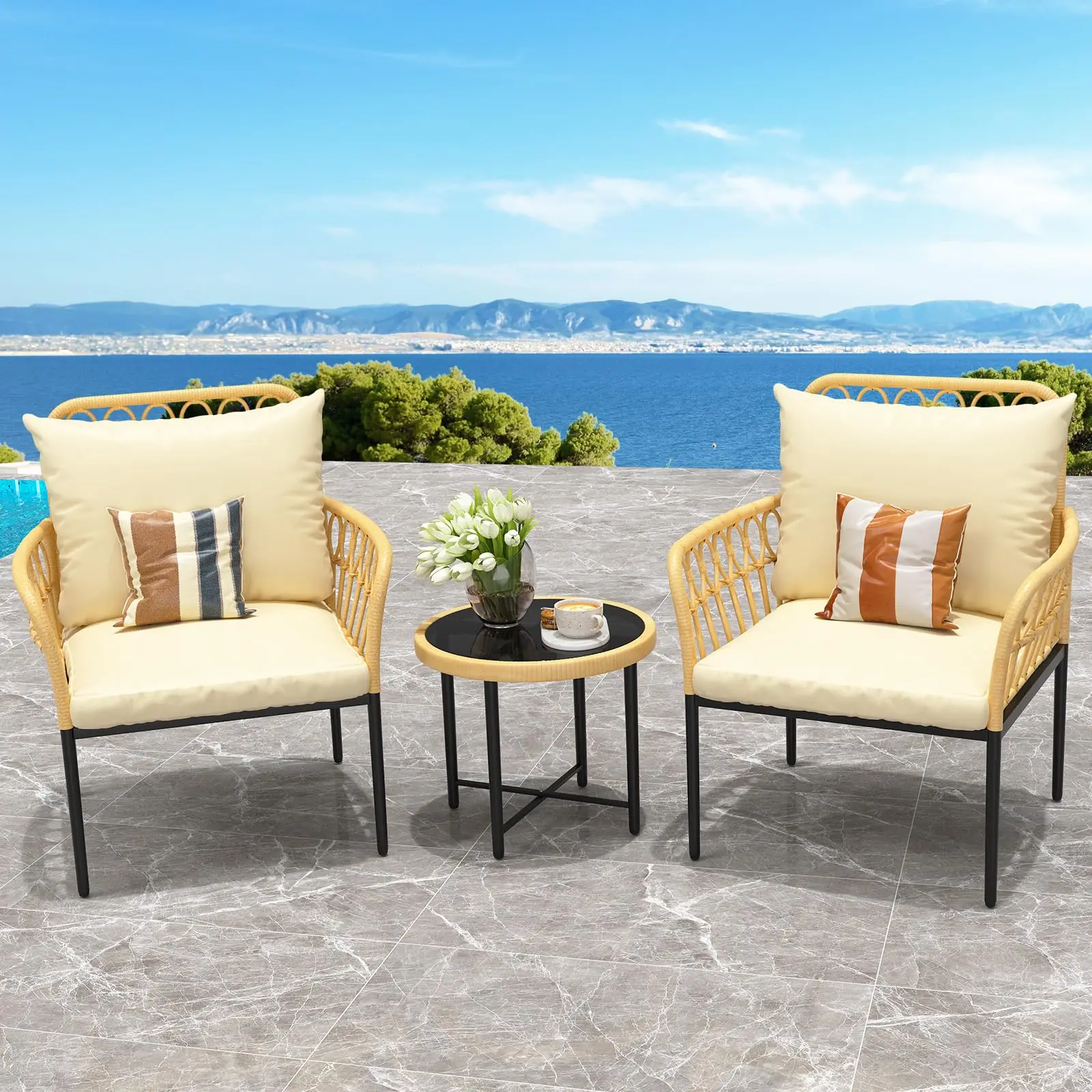 3-teiliges Bistro-Set aus Korbgeflecht, Terrassen-Gesprächsset mit 2 Stühlen und Glastisch, Allwetter-Rattanmöbel für Balkon und Terrasse