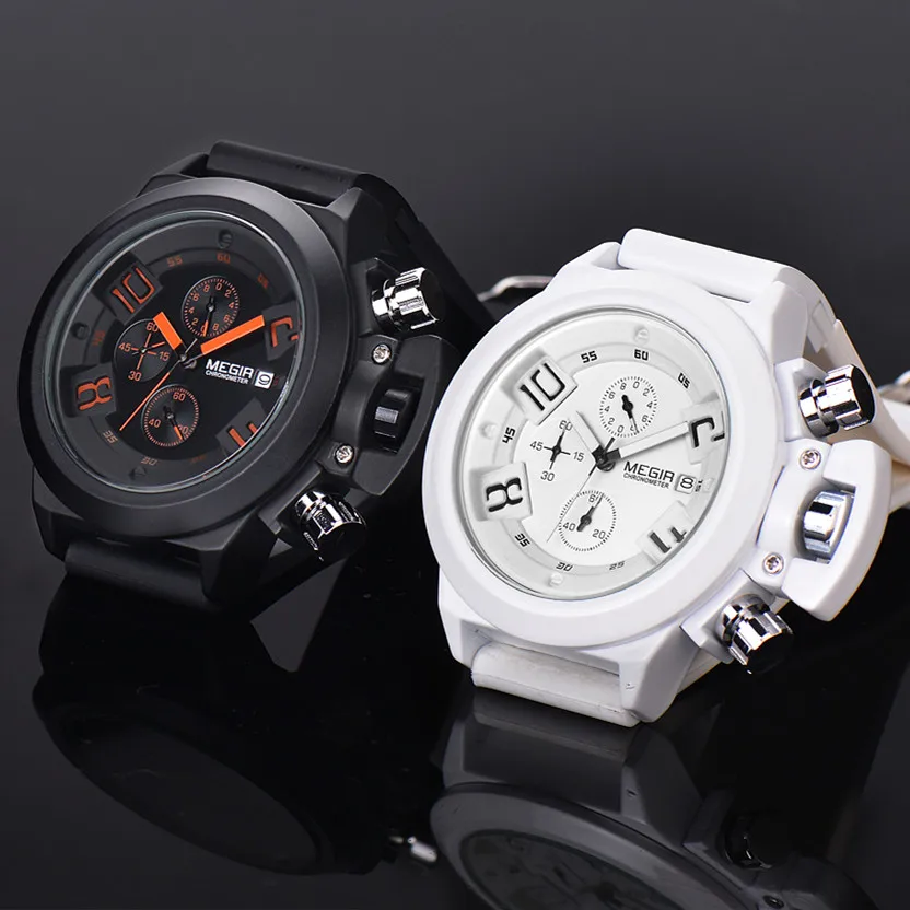 MEGIR Black Silicone Quartz Watch Luxury Sport Military Wristwatch Men Waterproof Clock Chronograph Large Dial Montre Homme 2002