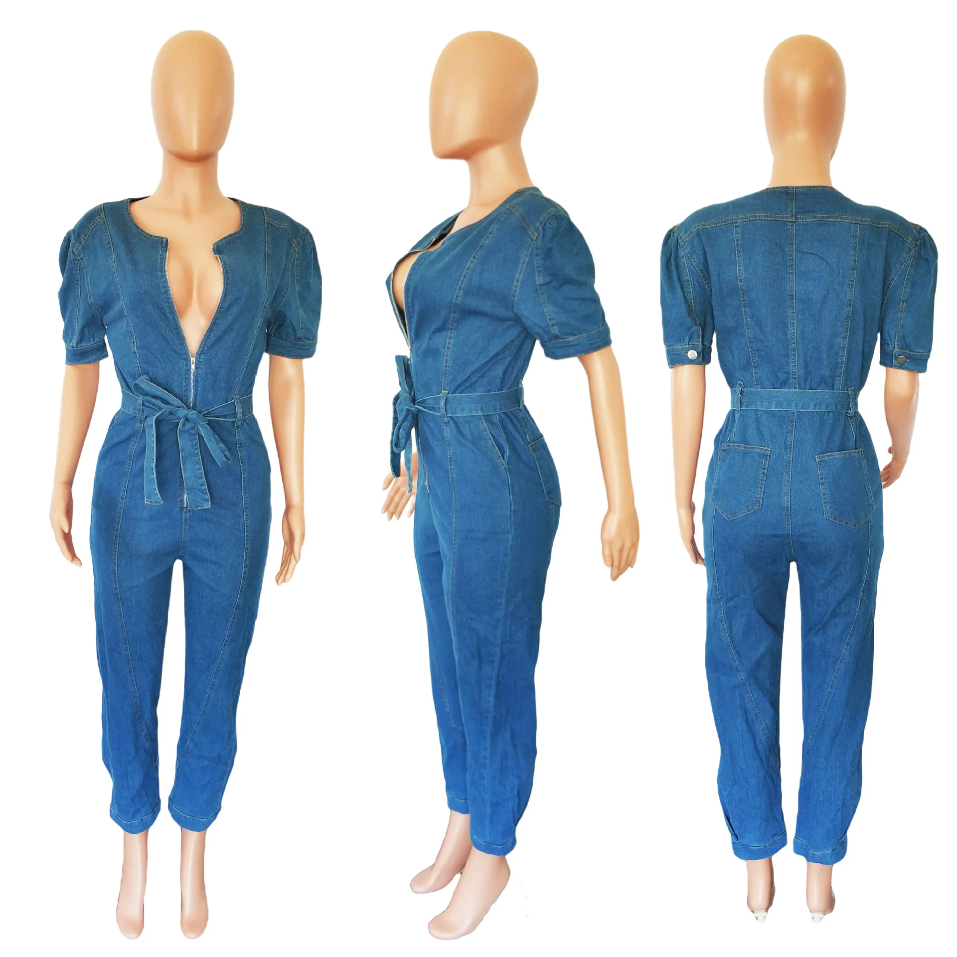Stylish Women's Denim Romper Summer Short Sleeve Deep V-Neck Loose Comfortable Solid Color Ladies Romper Pants
