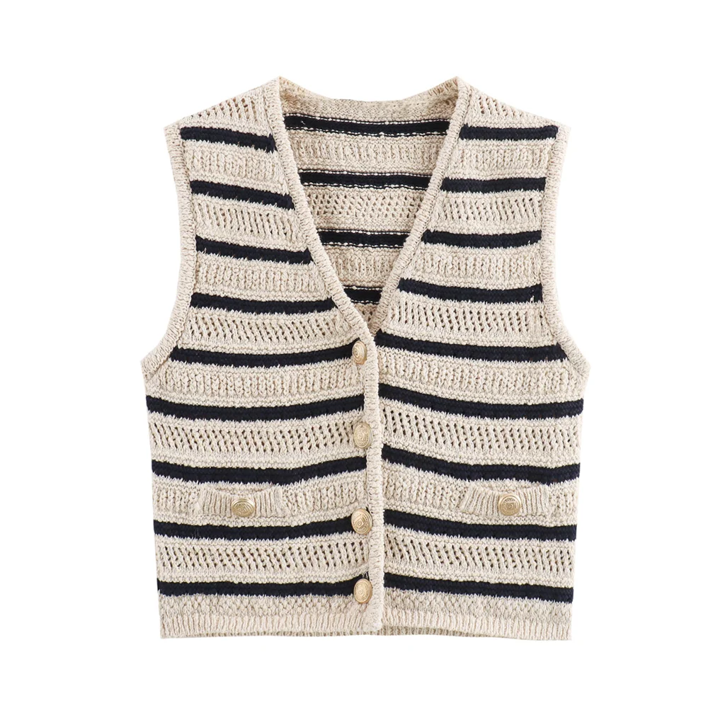 PB&ZA2024 autumn new women\'s clothing fashionable temperament slim fit casual versatile V-neck striped patchwork vest