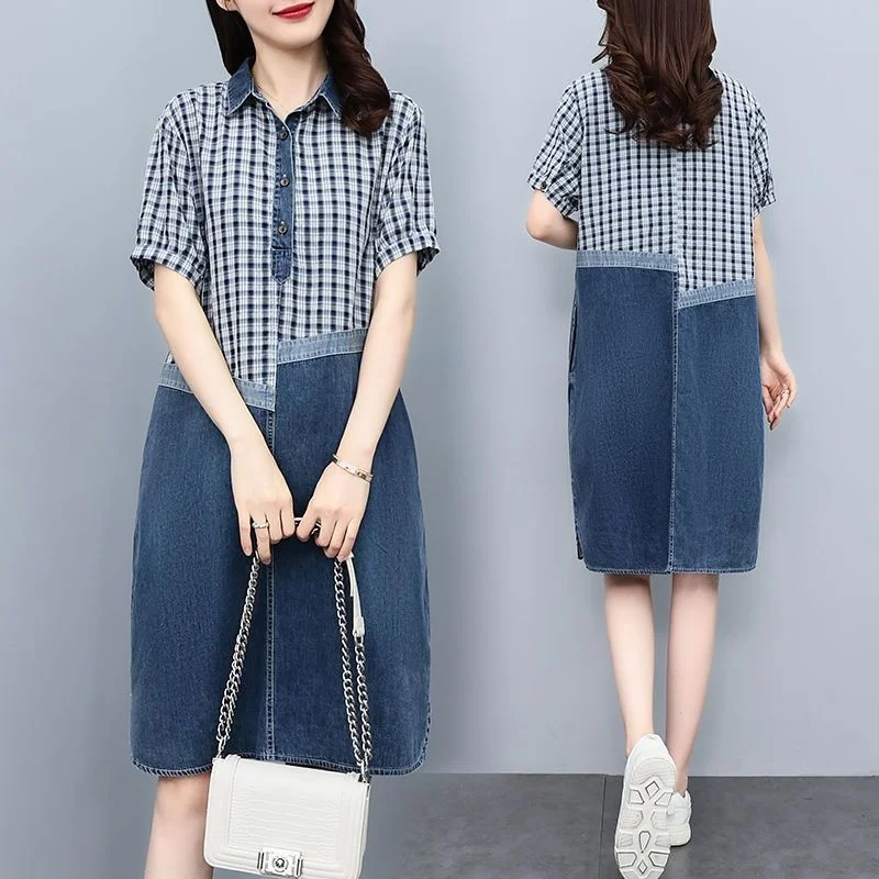 Summer Women\'s Dress Clothing Vintage Plaid Print Patchwork Denim Midi Dress Casual Short Sleeve Loose Streetwear Jean Dresses