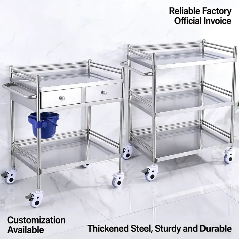Modern 3 Tier Stainless Steel Medical Cart 201 304 Grade Hospital Medicine Trolley With 2 Drawers Silent Wheels Lightweight