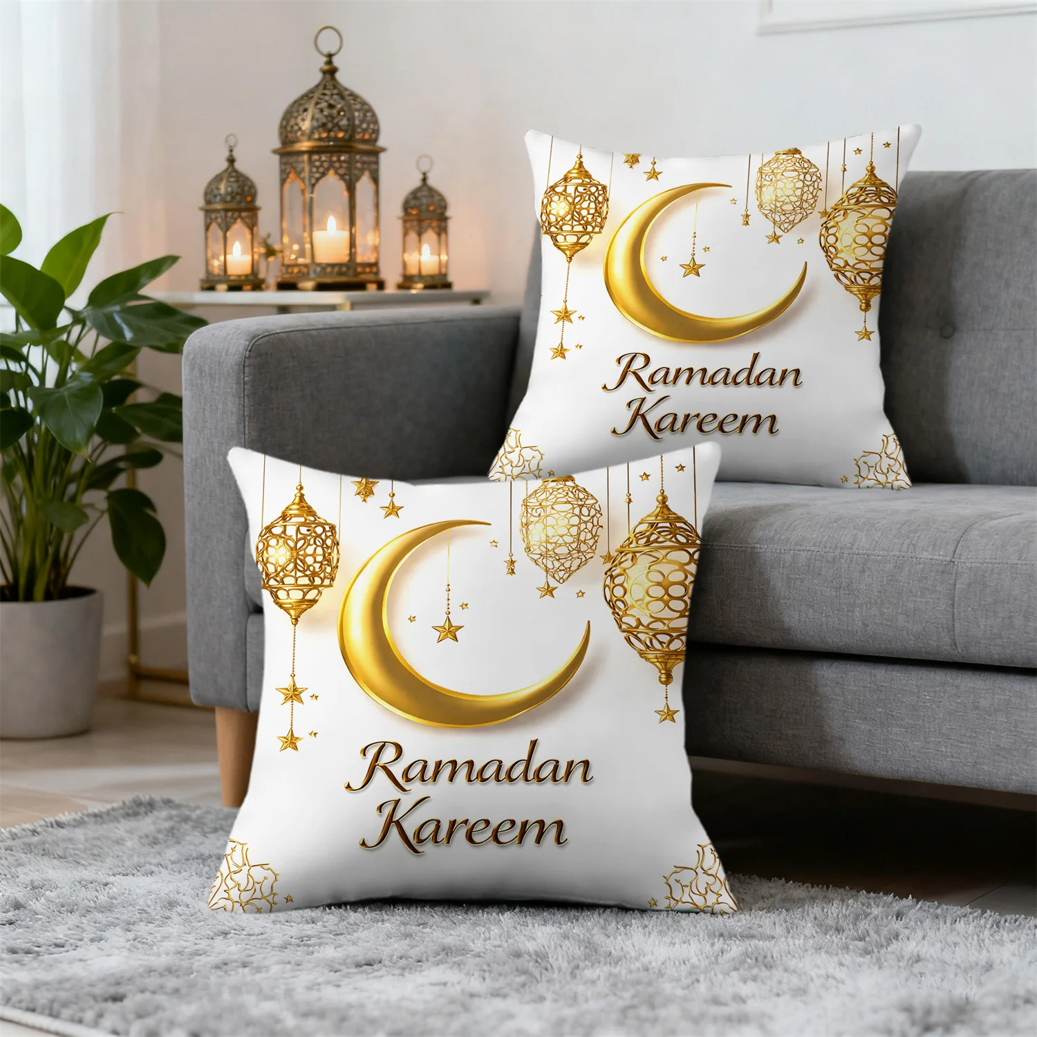 2 Stück Ramadan Kareem Kissenbezüge mit Goldenem Halbmond und Sternenmuster, Fanous Ramadan Kissenhülle, Heimdekoration