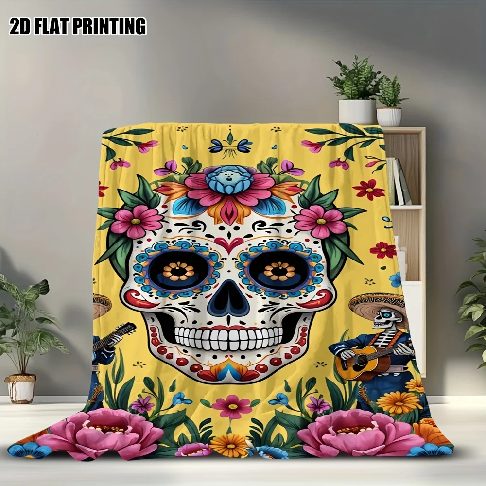 1pc 2D Flat-Printed Day of The Dead Essential Home Blankets Featuring Skulls And Flowers, Made from 100% Polyester Fiber. Ideal As Christmas Gifts, Suitable for Beds, Sofas, And Offices, Making Them Perfect for Birthdays And Thanksgiving