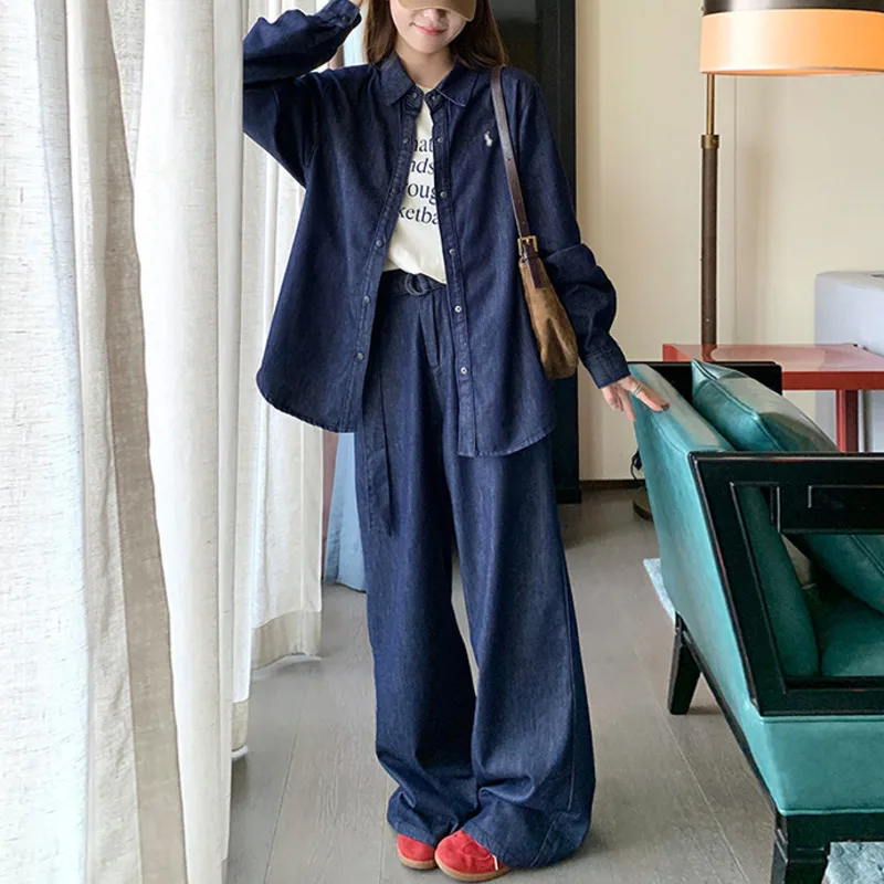 

BJTZ Women's Denim Two Piece Set 2025 Spring Summer New Loose Shirt Top+Lace-up Wide Leg Casual Trousers Sets Female Clothing