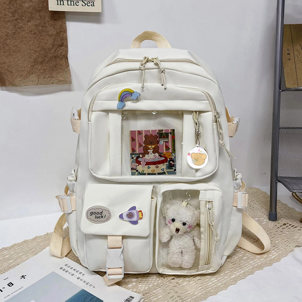 2023 Fashion Japanese Nylon Bookbags with Plush Pendant Summer New Student Kawaii Backpack Large Capacity Woman College Rucksack