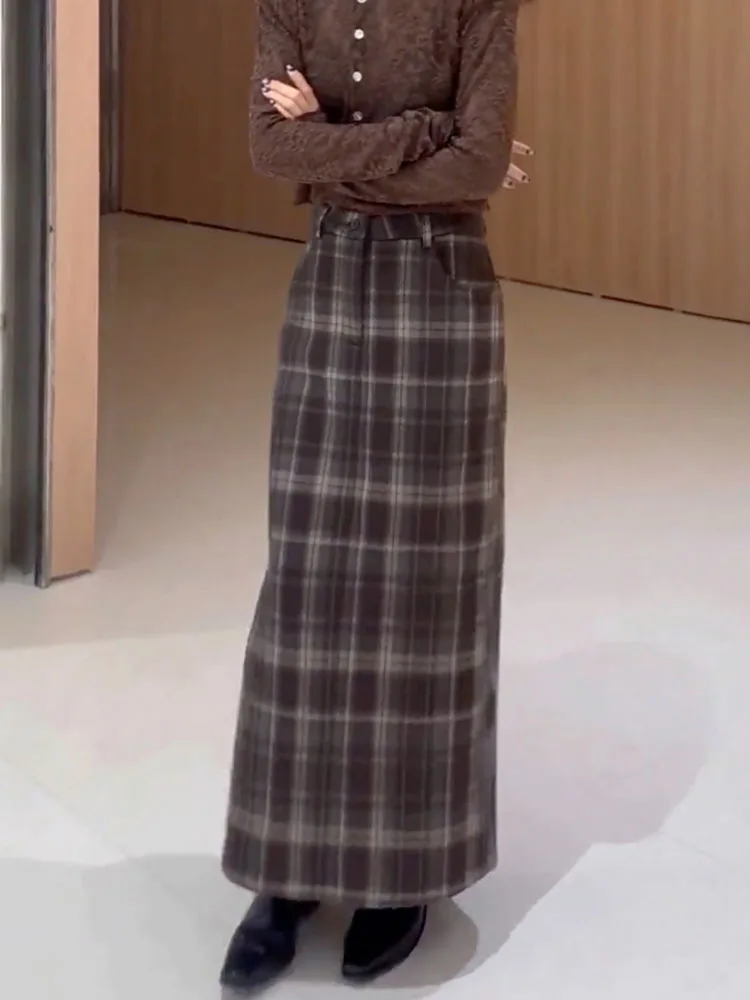 

Осенне-зимняя винтажная клетчатая коричневая юбка макси с завышенной талией, облегающая, мягкая, утягивающая, новинка 2024 года