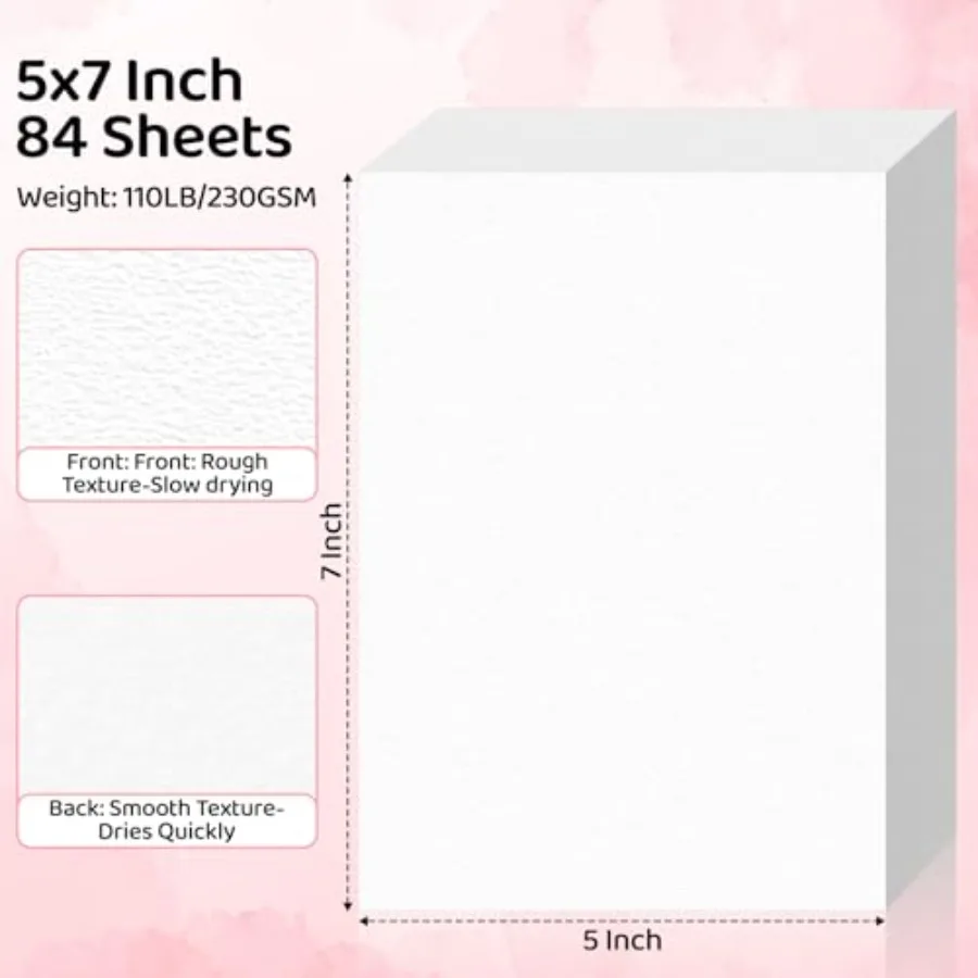 84 Sheets Watercolor Paper 5x7, 110lb/230gsm Cold Press Watercolor Paper Bulk, Cotton Water Color Paper, White Drawing Paper fo