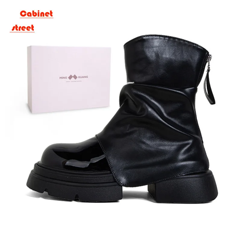 

Women Soft Leather Chelsea Boots Women Autumn Winter Ankle Boots Square Toe Flats Platform Shoes Fashion Ladies Short Pants Boot