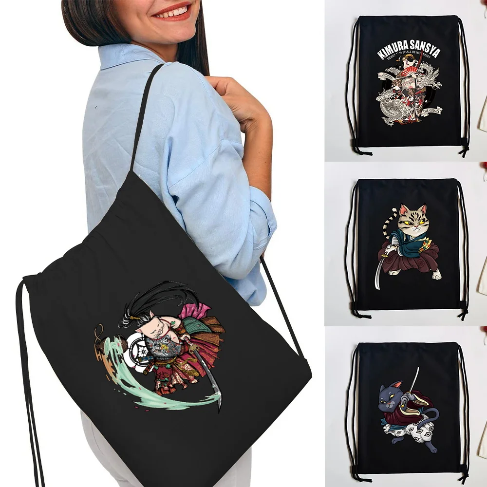 Simple Sport Carry Backpack Samurai Print Canvas Drawstring Bag Gym Shopping Storage Light Sack Pack