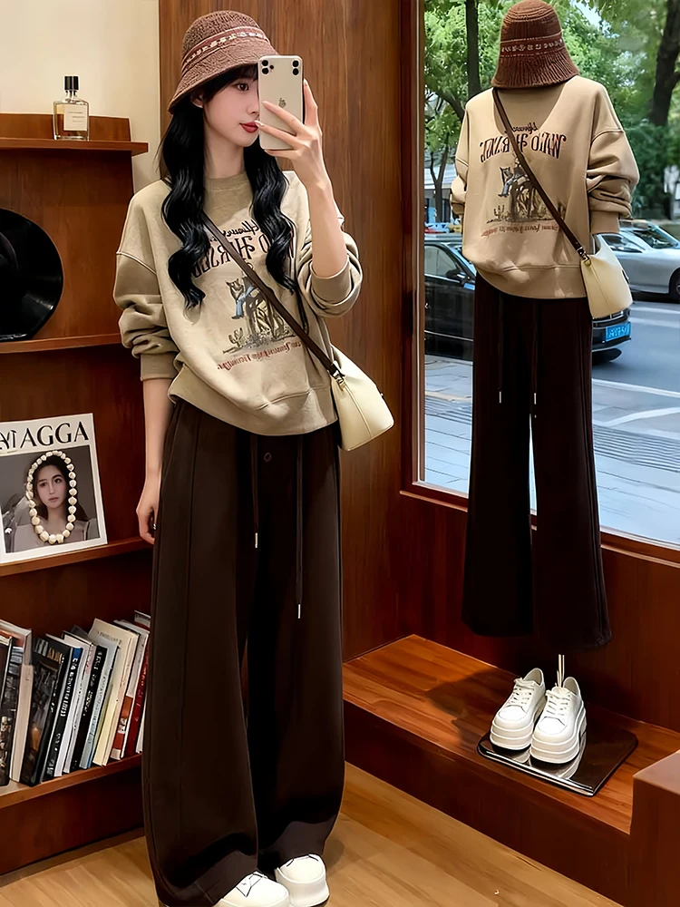 

Thiened Fce Sweatirt Wide Leg Pants Two Piece Set Women's Spring Autumn New Lazy Sle Casual Sportswear Ensemble