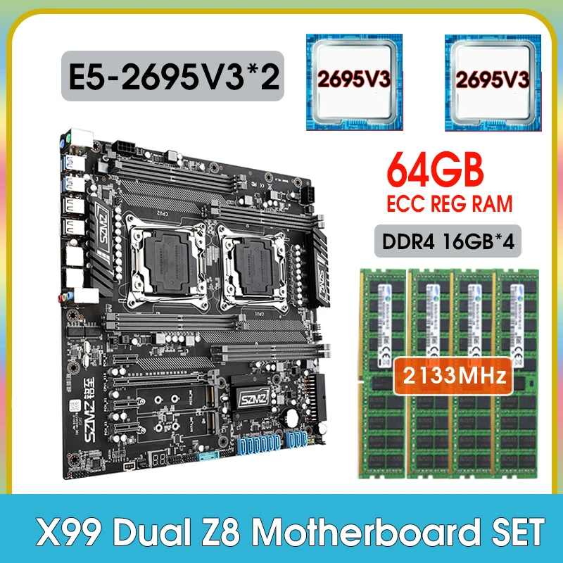 Szmz x99 dual z8 conjunto de placa-mãe com cpu e5 2695 v3 e 4*16g