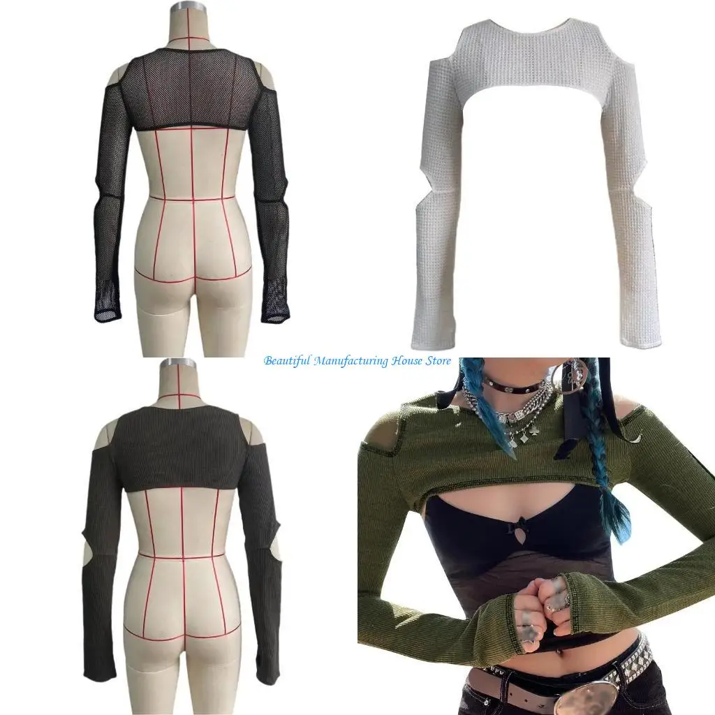 

E56A Womens Color Long Sleeve O-Neck Pullover Crop Top Ribbed Knit Off Shoulder Bodycon for Sun for Protection Cover Up