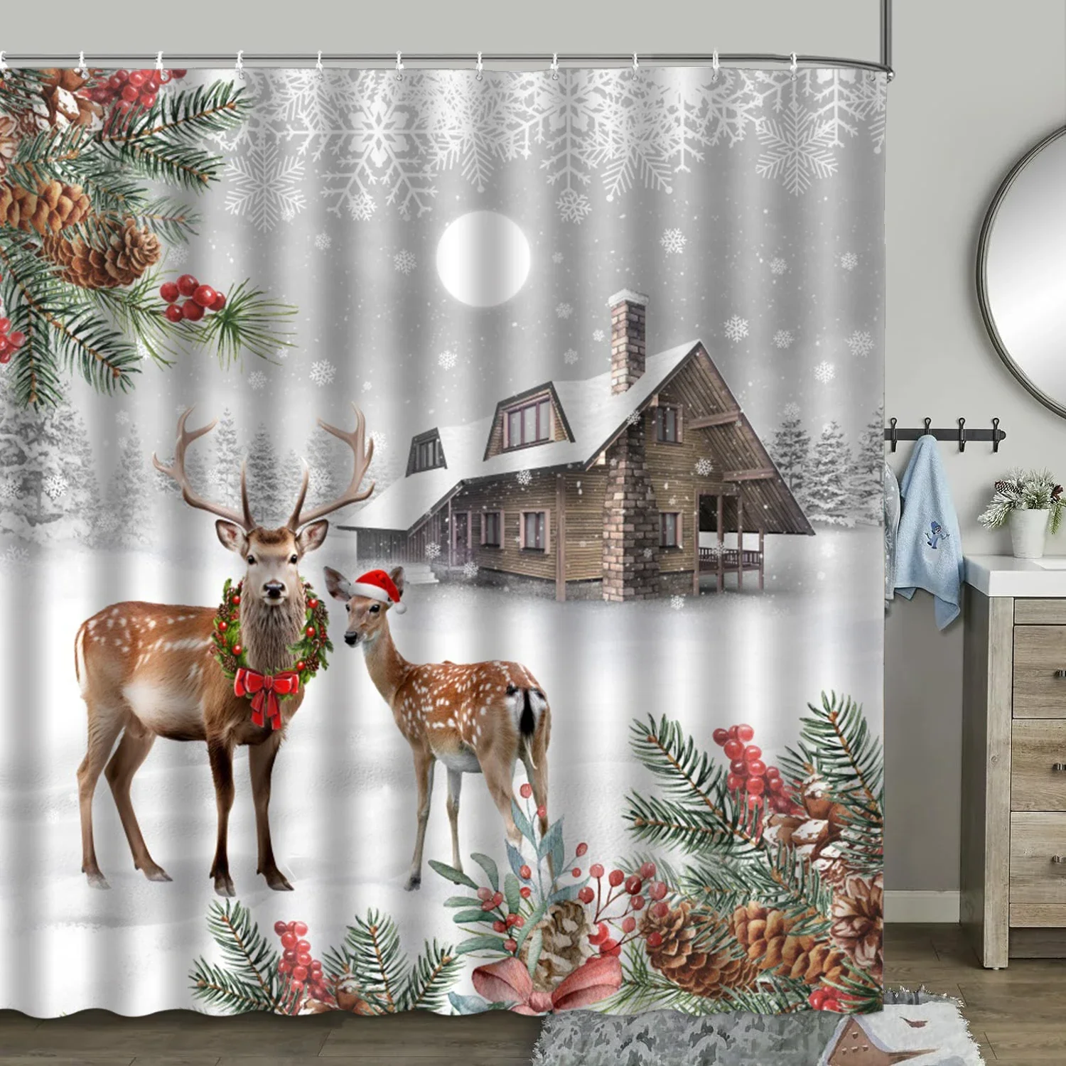 Christmas Shower Curtain, Winter Farm Barn Snowman Animal Moose Berry Christmas Tree Snow Scene Red Bird Bathroom Decoration