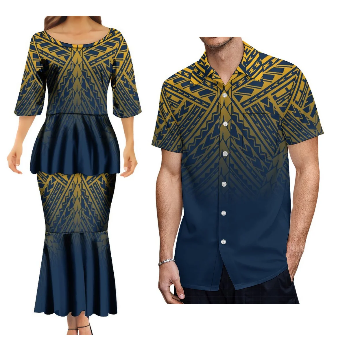 Conjunto de vestido de cuello redondo para hombre, traje étnico Puletasi a juego, talla grande, camisa informal para playa, cena, fiesta familiar, conjunto de pareja