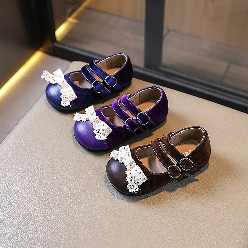 New Children's Leather Shoes Spring Fashion Kids Performance Shoes Solid Color Bow Brown Purple Girls Causal Flats Single Shoes