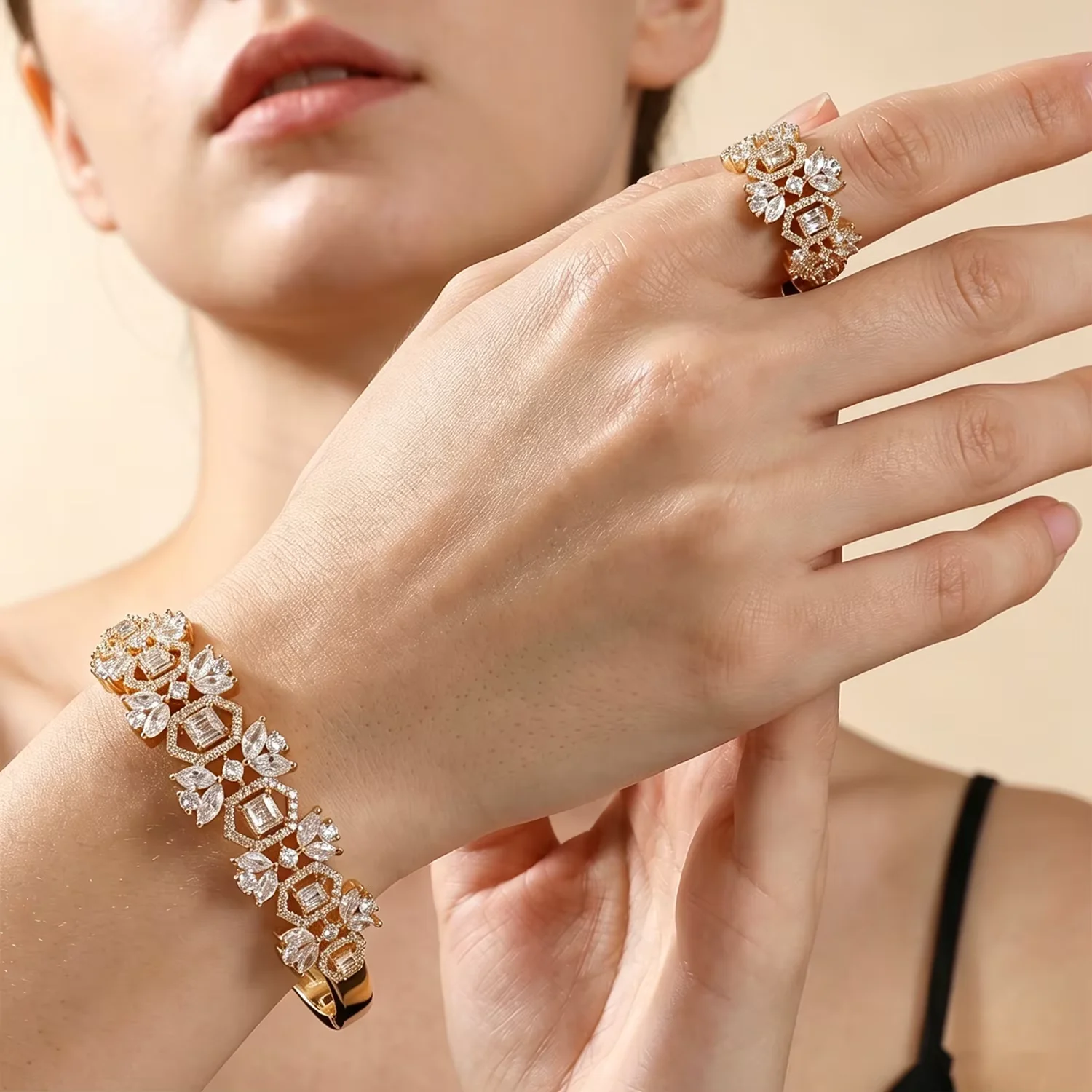 Women's Flower Cluster Cuff Bangle & Matching Ring Set, Adjustable Floral Jewelry