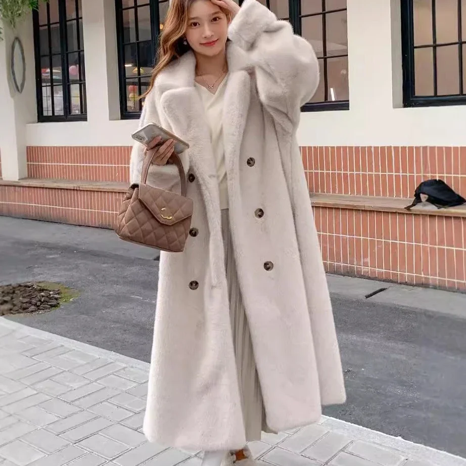 

Белый отложной воротник с карманами, толстое пальто, теплые куртки, макси-пальто, длинное пальто из искусственного меха, женская осенне-зимняя большая куртка, пальто