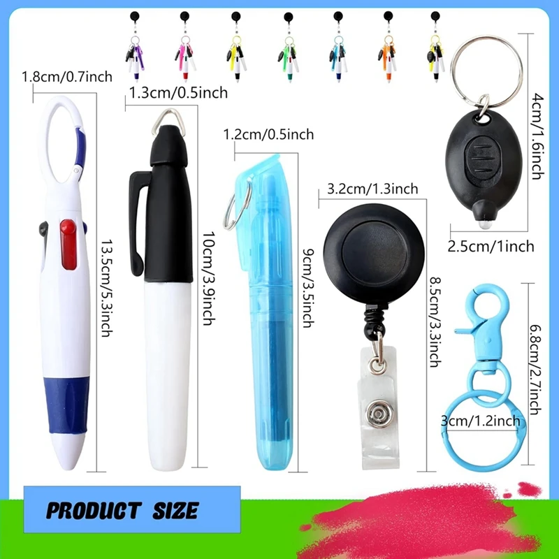72 Pcs Badge Reel Pen Retractable Shuttle-Pens Set With Mini Highlighter Permanent Marker Pen LED Flashlight