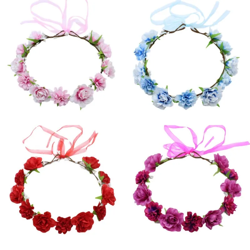 Fashion Bohemia Garland Rose Flower Crown Women Headbands with Adjustable Ribbon Girls Floral Wreath Bridal Halo Headpiece