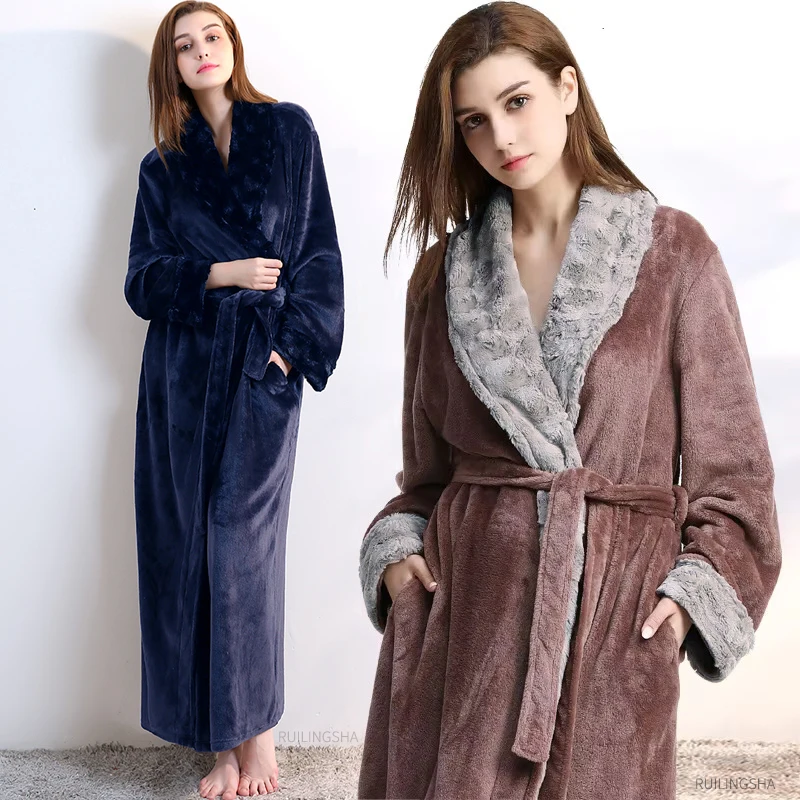 

Women Winter Extra Long Warm fur Collar Thick Flannel Bathrobe Plus Size Coral Fleece Shower Bath Robe Men Sleepwear Nightwear