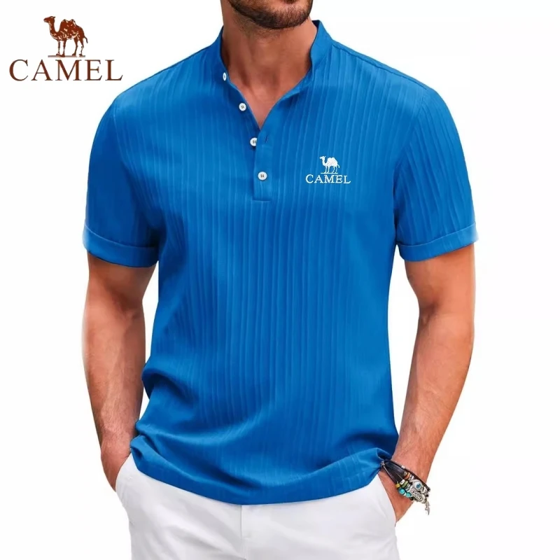 High End Embroidered CAMEL Cotton and Linen Striped Henry Polo Shirt, New Summer Men\'s Retro Fashion Casual Short Sleeved Top