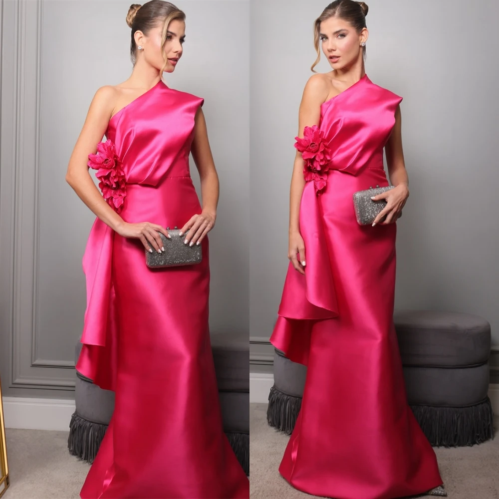 فستان سهرة مخصص على شكل زهور من الساتان أنيق بكتف واحد للحفلات الراقصة عالي الجودة بدون أكمام للمناسبات الخاصة