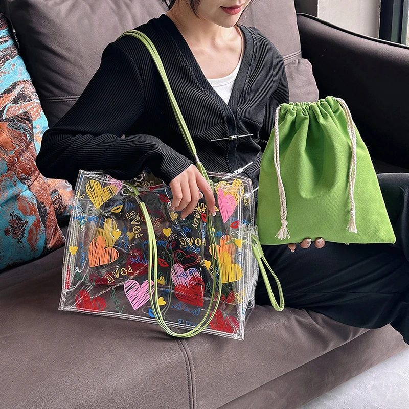 2-IN-1 Shoulder Bag Sets For Women 2023 Summer Beach Tote Bag PVC Transparent Jelly Handbags Female Large Capacity Shopper Totes