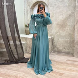 Qanz Sexy Slit Evening Dresses Flowers Puff Sleeves Belt Pleat Vestidos De Noche Gala Party Dresses Robes De Soirée Customized