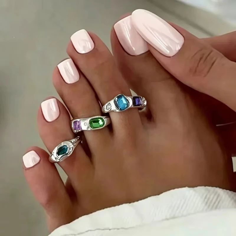 3Pcs/ Set Personality Geometric Zircon Foot Ring Set Metal Gemstone Toe Rings Silver Rhinestone Women Fashion Beach Foot Ring