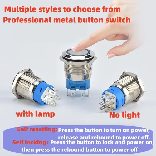 Imagen 2 del producto Interruptor de Botón Metálico 2NO2NC19/22mm, Impermeable, con Luz LED, Reinicio Instantáneo/Auto-Bloqueante, para Suministro de Energía del Motor del Automóvil, 3V, 6V, 12V, 24V, 220V