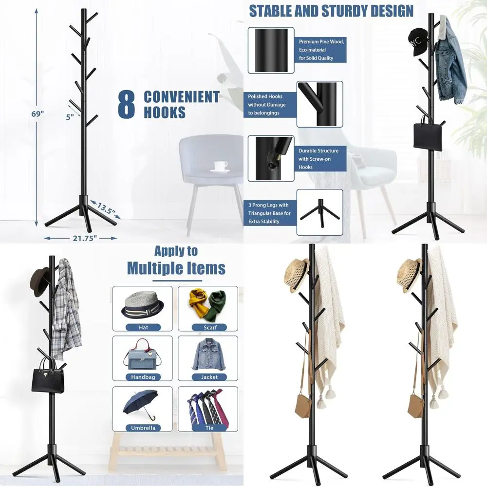 

Деревянная вешалка-стойка на 8 крючков, регулируемая, в форме дерева, подходит для пальто, шляп и аксессуаров