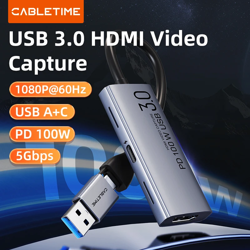 CABLETIME USB 3.0 HDMI Video Capture PD 100W 5Gbps USB A+C Aluminum 4K 1080p Full HD for PS5 Srteaming Switch Capture Card