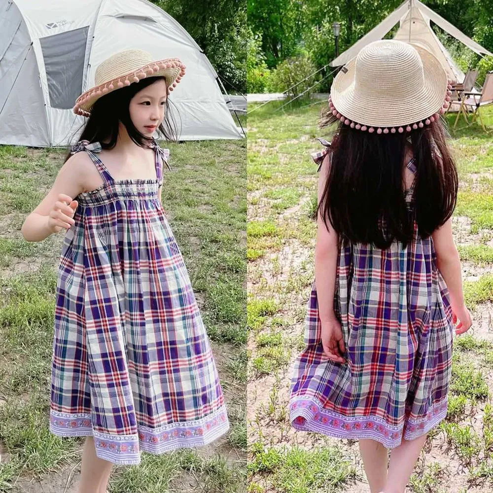 

baby girl clothes Sweet girls' dress vacation style Spring Summer Purple Grid Pattern Strap Dress